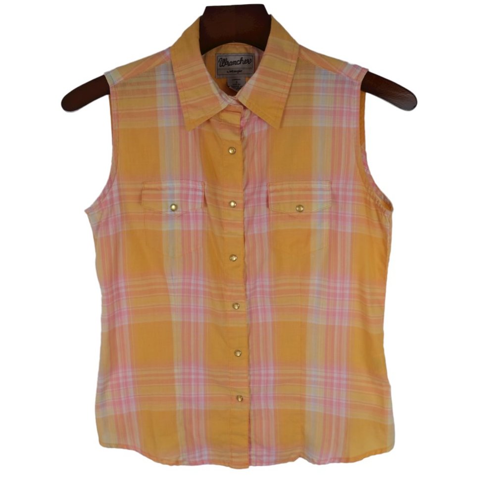 Wrangler Wrancher Women's S Sleeveless Western Plaid Pearl Snap Button Vintage
